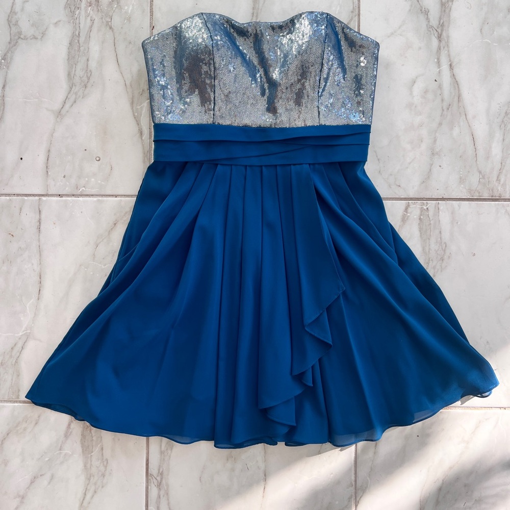 Strapless blue dress, Silver sequined top, pockets, above knee